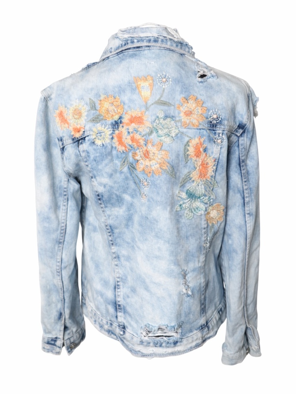 Jessica Simpson Distressed Denim Jacket Floral Boho Y2K Grunge-Sz Small